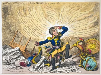 Maniac Ravings, eller Little Boney in a Strong Fit, pub.1803 (handfärgad gravyr)